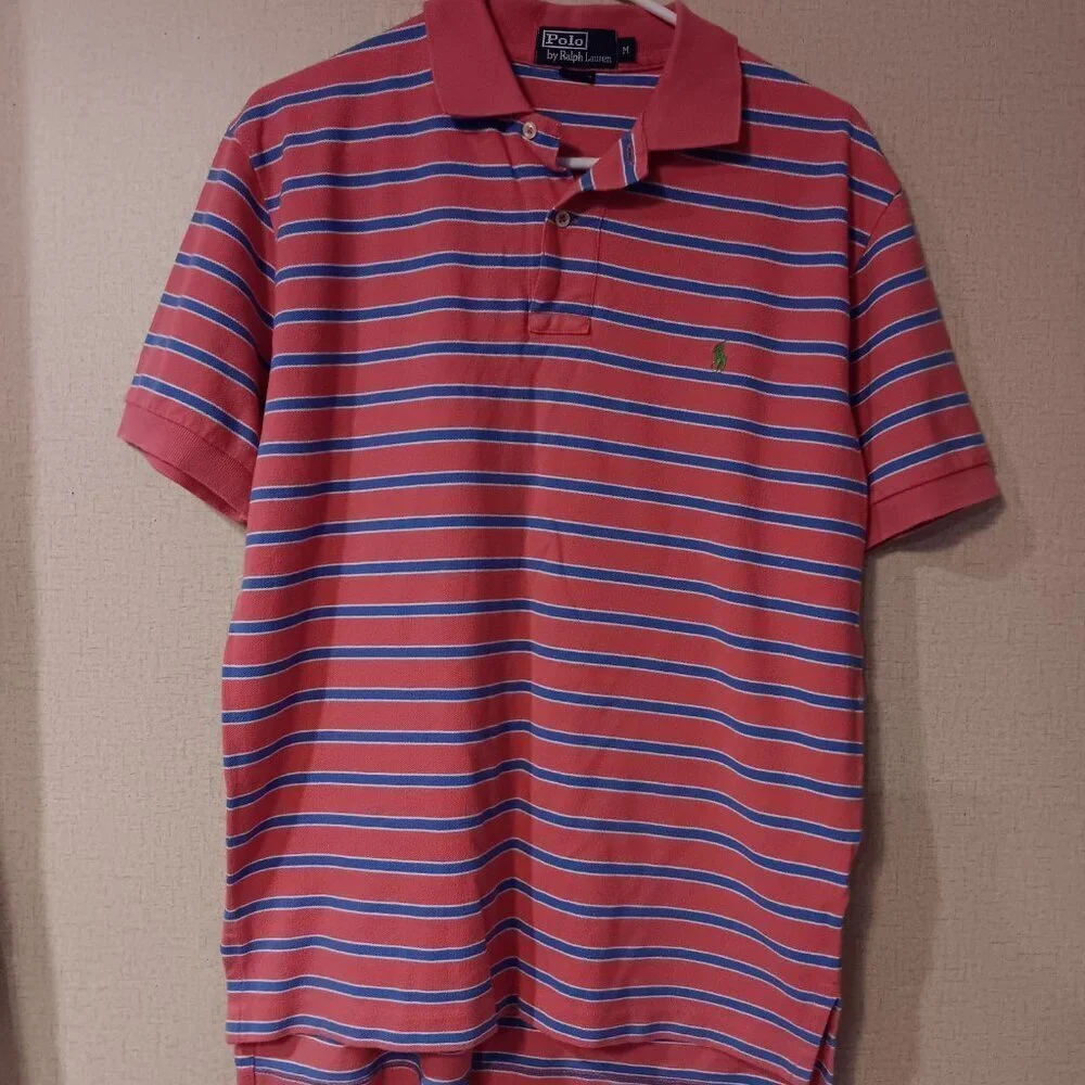 Ralph Lauren 90s Polo Shirt sz M  Pink Navy Border